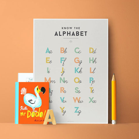Deer Industries Squared Educational Kids Poster 50x70 cm Alphabet. Gender neutral wall decoration for kids bedroom, playroom or nursery. Educational yet stylish charts posters in soft pastel colours. Made in Australia.