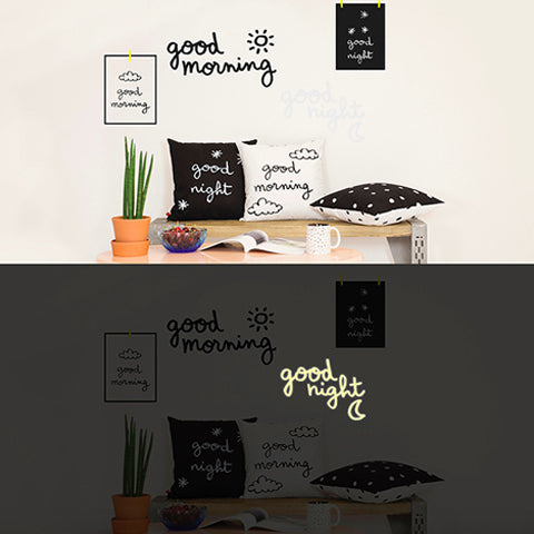 Deer Industries  Glow in the Dark Wall Decal for Kids Chispum Good Morning Good Night. Fun Gender neutral Kids bedroom decoration in black and white.