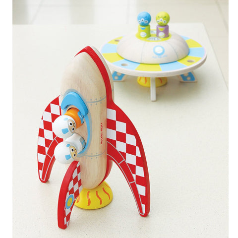 Deer Industries Kids Store Wooden Toy UFO with aliens. Great educational wooden toys for toddler boy and girl. Designed by Indigo Jamm. 