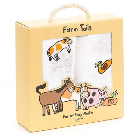Deer Industries Baby Muslins Jellycat Farm tails. Baby multicloth with farm animals, cow, duck, horse and pig. Great newborn gift for boy or girl.