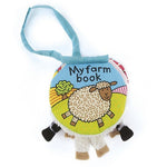 deer industries kids accessories Jellycat fabric baby and toddler book called My farm book. Educational and fun, full of farm animals like cows and sheep. Helps to develop fine motor skills of babies. 